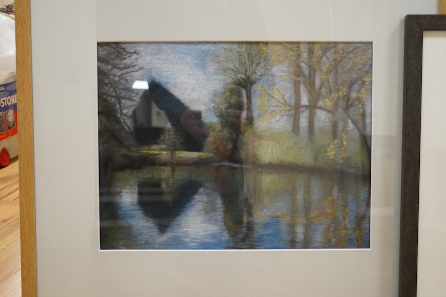 Sue Arnold (Contemporary) two pastels on paper, ‘Sheep, low sun’ and ‘Dark reflections’, one monogrammed, one signed verso, largest 29 x 38cm. Condition - good